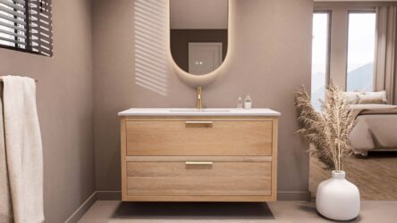 Massief naturel eiken badkamermeubel van 120 cm uit de Kingswood-serie, uitgevoerd met twee ruime lades en inclusief een bijpassende keramische wastafel met 1 bak.