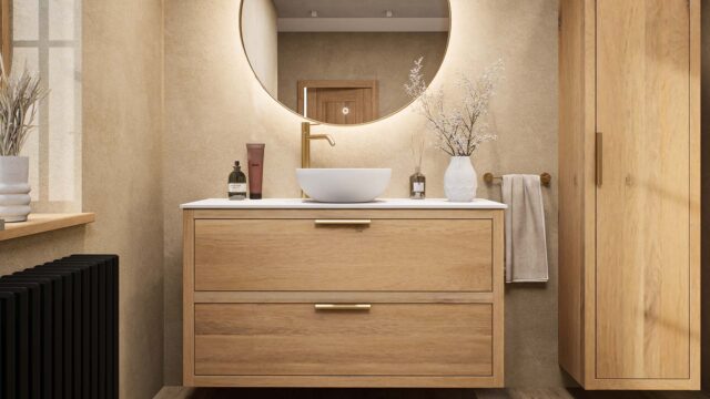 Hangend naturel eiken badmeubel 120 cm met twee lades, vlak front en solid surface met één waskom