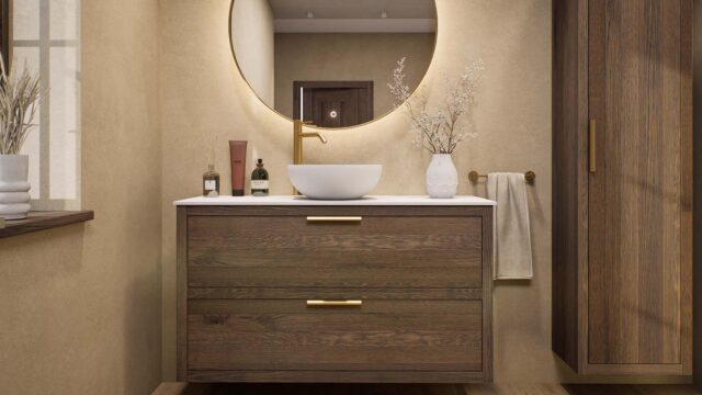 Modern donker eiken badkamermeubel 120 cm met dubbele lade, vlak front en solid surface blad met één waskom