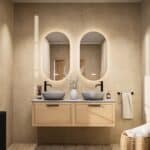 Modern naturel eiken badkamermeubel 140 cm met enkele lade, vlak front en grijs limestone blad met witte waskom
