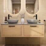Modern naturel eiken badkamermeubel 140 cm met enkele lade, vlak front en grijs limestone blad met witte waskom