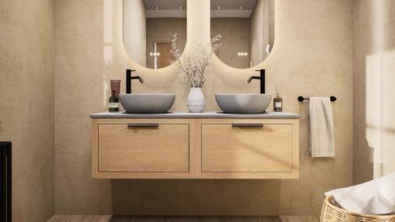 Modern naturel eiken badkamermeubel 140 cm met enkele lade, vlak front en grijs limestone blad met witte waskom