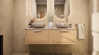 Dit Badkamermeubel uit de New Country serie heeft een vlak front, de onderkast is van massief eiken in de kleur Naturel Eiken in de afmetingen 140x40x45. Het Badkamermeubel bestaat uit de onderkast met 2 lades. De spiegel en kraan zijn niet inbegrepe