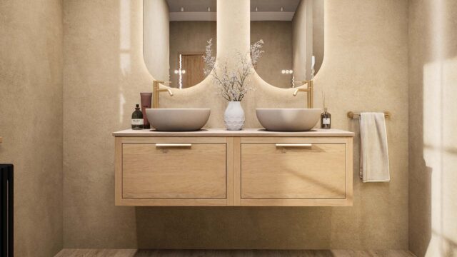 Dit Badkamermeubel uit de New Country serie heeft een vlak front, de onderkast is van massief eiken in de kleur Naturel Eiken in de afmetingen 140x40x45. Het Badkamermeubel bestaat uit de onderkast met 2 lades. De spiegel en kraan zijn niet inbegrepe