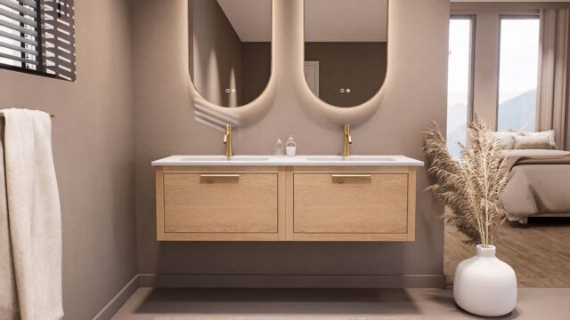 Hangend modern badkamermeubel 140 cm massief naturel eiken met vlak front en keramische wastafel