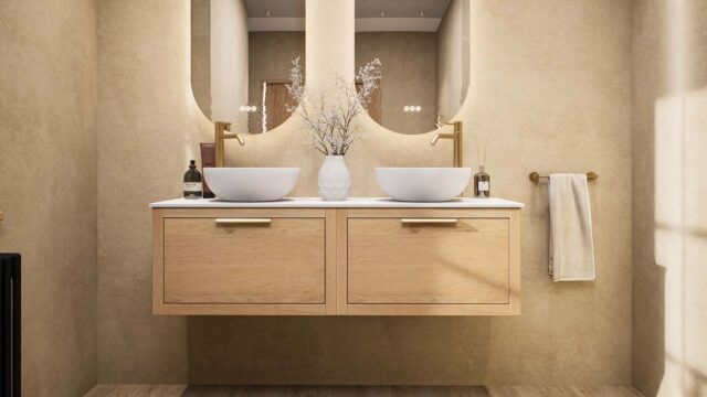 Naturel eiken badkamermeubel 140 cm met vlak front, solid surface blad en twee ronde witte waskommen