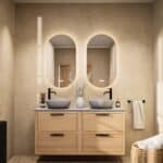 Modern naturel eiken badkamermeubel 140 cm met dubbele lade, vlak front en grijs limestone blad met witte waskom
