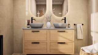Modern naturel eiken badkamermeubel 140 cm met dubbele lade, vlak front en grijs limestone blad met witte waskom