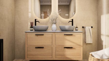Modern naturel eiken badkamermeubel 140 cm met dubbele lade, vlak front en grijs limestone blad met witte waskom