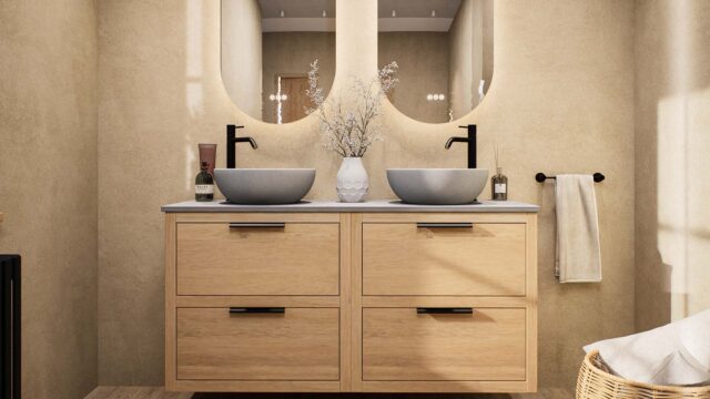 Modern naturel eiken badkamermeubel 140 cm met dubbele lade, vlak front en grijs limestone blad met witte waskom