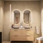 Hangend naturel eiken badkamermeubel 140 cm met dubbele lade en limestone blad met witte waskom