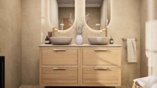 Hangend naturel eiken badkamermeubel 140 cm met dubbele lade en limestone blad met witte waskom