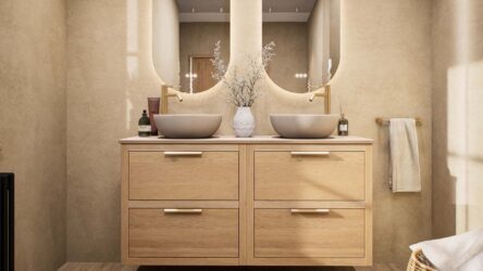 Hangend naturel eiken badkamermeubel 140 cm met dubbele lade en limestone blad met witte waskom