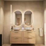 Modern naturel eiken badkamermeubel 140 cm met dubbele lade, vlak front en massief eiken blad met witte waskom