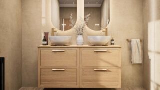 Modern naturel eiken badkamermeubel 140 cm met dubbele lade, vlak front en massief eiken blad met witte waskom