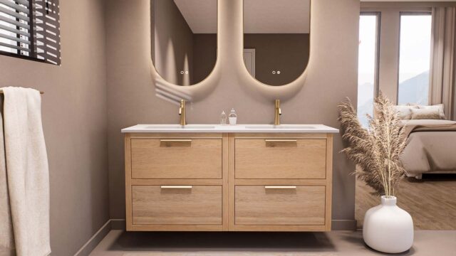 Modern hangend badmeubel 140 cm naturel eiken met vlak front en twee softclose lades