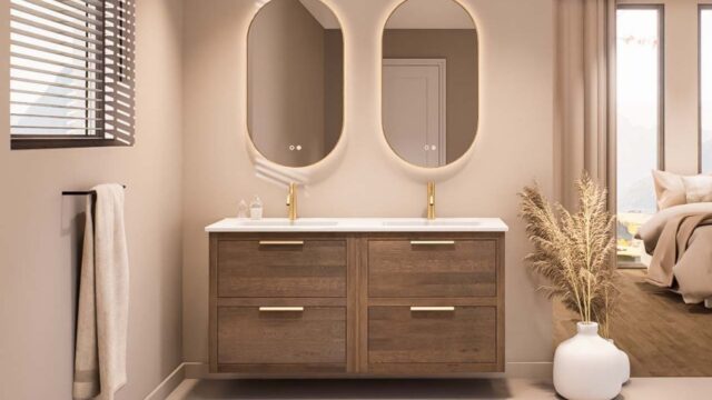 Hangend modern badmeubel 140 cm donker eiken met vlak front en twee softclose lades