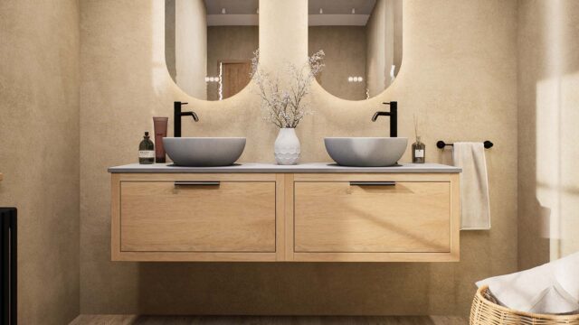 Modern naturel eiken badkamermeubel 160 cm met enkele lade, vlak front en grijs limestone blad met witte waskom