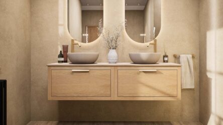 Hangend naturel eiken badkamermeubel 160 cm met enkele lade en limestone blad met witte waskom