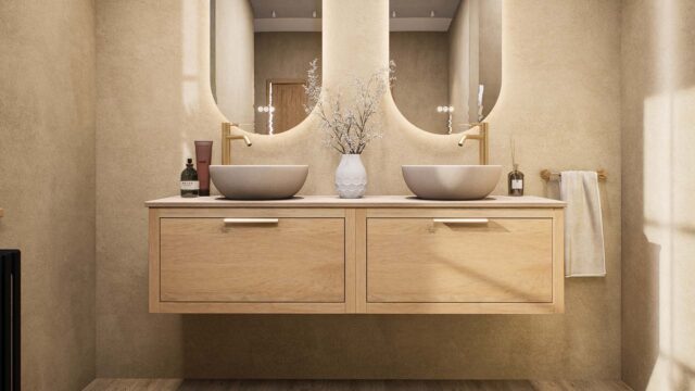 Hangend naturel eiken badkamermeubel 160 cm met enkele lade en limestone blad met witte waskom