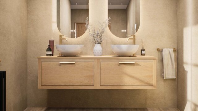 Modern naturel eiken badkamermeubel 160 cm met enkele lade, vlak front en massief eiken blad met witte waskom