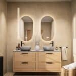 Modern naturel eiken badkamermeubel 160 cm met dubbele lade, vlak front en grijs limestone blad met witte waskom