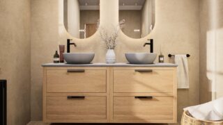 Modern naturel eiken badkamermeubel 160 cm met dubbele lade, vlak front en grijs limestone blad met witte waskom