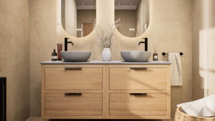 Modern naturel eiken badkamermeubel 160 cm met dubbele lade, vlak front en grijs limestone blad met witte waskom
