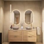 Hangend naturel eiken badkamermeubel 160 cm met dubbele lade en limestone blad met witte waskom
