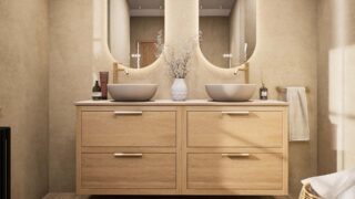 Hangend naturel eiken badkamermeubel 160 cm met dubbele lade en limestone blad met witte waskom