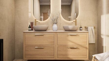 Hangend naturel eiken badkamermeubel 160 cm met dubbele lade en limestone blad met witte waskom