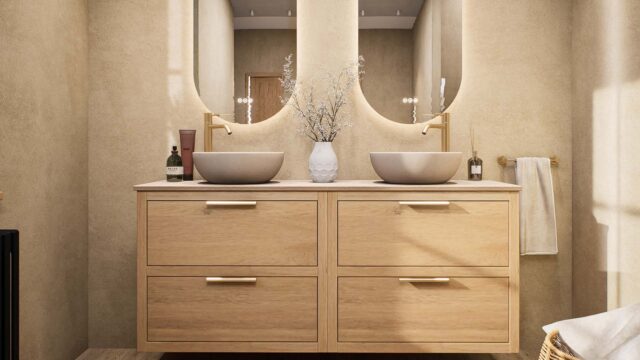 Hangend naturel eiken badkamermeubel 160 cm met dubbele lade en limestone blad met witte waskom