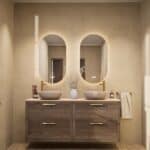 Hangend donker eiken badkamermeubel 160 cm met dubbele lade en limestone blad met witte waskom