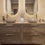 Hangend donker eiken badkamermeubel 160 cm met dubbele lade en limestone blad met witte waskom