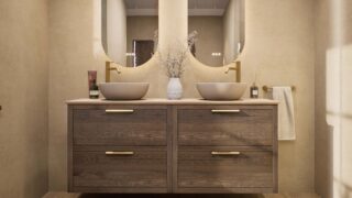 Hangend donker eiken badkamermeubel 160 cm met dubbele lade en limestone blad met witte waskom
