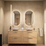 Modern naturel eiken badkamermeubel 160 cm met dubbele lade, vlak front en massief eiken blad met witte waskom