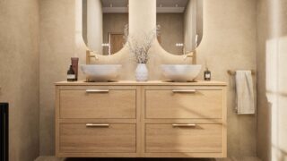 Modern naturel eiken badkamermeubel 160 cm met dubbele lade, vlak front en massief eiken blad met witte waskom