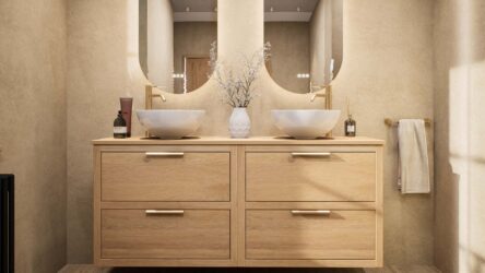 Modern naturel eiken badkamermeubel 160 cm met dubbele lade, vlak front en massief eiken blad met witte waskom