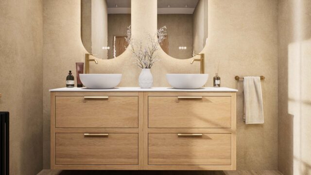 Hangend naturel eiken badmeubel 160 cm met twee lades, vlak front en solid surface met 2 waskommen