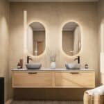 Modern naturel eiken badkamermeubel 200 cm met enkele lade, vlak front en grijs limestone blad met witte waskom