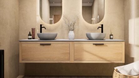 Modern naturel eiken badkamermeubel 200 cm met enkele lade, vlak front en grijs limestone blad met witte waskom