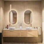 Hangend naturel eiken badkamermeubel 200 cm met één lade, vlak front en solid surface met 2 waskommen