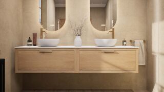 Hangend naturel eiken badkamermeubel 200 cm met één lade, vlak front en solid surface met 2 waskommen