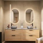 Modern naturel eiken badkamermeubel 200 cm met dubbele lade, vlak front en grijs limestone blad met witte waskom