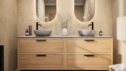Modern naturel eiken badkamermeubel 200 cm met dubbele lade, vlak front en grijs limestone blad met witte waskom