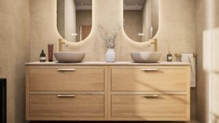 Hangend naturel eiken badkamermeubel 200 cm met dubbele lade en limestone blad met witte waskom