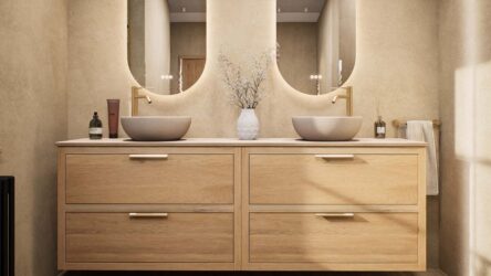 Hangend naturel eiken badkamermeubel 200 cm met dubbele lade en limestone blad met witte waskom