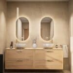 Modern naturel eiken badkamermeubel 200 cm met dubbele lade, vlak front en massief eiken blad met witte waskom
