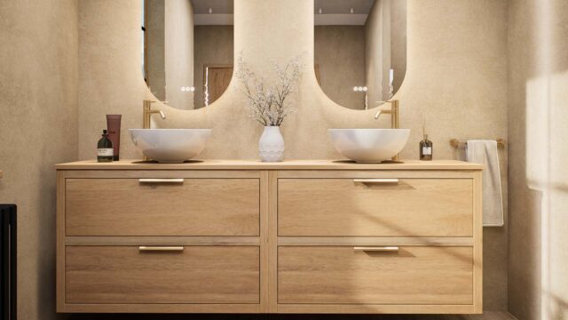 Modern naturel eiken badkamermeubel 200 cm met dubbele lade, vlak front en massief eiken blad met witte waskom