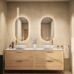 Modern wastafelmeubel 200 cm massief naturel eiken met twee lades en solid surface met 2 waskommen